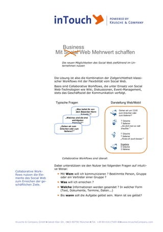 Krusche & Company GmbH►Jakob-Klar-Str. 4►D-80796 München►Tel. +49 89 41617569-00►www.KruscheCompany.com
Business
Mit Social Web Mehrwert schaffen
Die neuen Möglichkeiten des Social Web zielführend im Un-
ternehmen nutzen
Die Lösung ist also die Kombination der Zielgerichtetheit klassi-
scher Workflows mit der Flexibilität vom Social Web.
Basis sind Collaborative Workflows, die unter Einsatz von Social
Web-Technologien wie Wiki, Diskussionen, Event-Management,
stets das Geschäftsziel der Kommunikation verfolgt.
„Was haltet Ihr von
dem Bewerber Herrn
Schmitz ?“
„Welches sind die drei
wichtigsten
Features?“
„Gehen wir zum
Griechen oder zum
Italiener?“
Gehen wir um 12:00
zum Griechen oder
zum Italiener?
? Grieche
? Italiener
„Da sitzt man so nett
draußen.“
? Grieche
? Italiener
„Finde ich auch besser.“
Ergebnis
0 Grieche
3 Italiener
Typische Fragen Darstellung Web/Mobil
Collaborative Workflows sind überall.
Dabei unterstützen sie den Nutzer bei folgenden Fragen auf intuiti-
ve Weise:
► Mit Wem will ich kommunizieren ? Bestimmte Person, Gruppe
oder ein Vertreter einer Gruppe ?
► Was will ich erreichen ?
► Welche Informationen werden gesendet ? In welcher Form
(Text, Dokumente, Termine, Daten...)
► Bis wann soll die Aufgabe gelöst sein. Wann ist sie gelöst?
Collaborative Work-
flows nutzen die Ele-
mente des Social Web
zum Erreichen der ge-
schäftlichen Ziele.
 