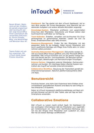 Krusche & Company GmbH►Jakob-Klar-Str. 4►D-80796 München►Tel. +49 89 41617569-00►www.KruscheCompany.com
Dashboard. Der Tag startet mit dem inTouch Dashboard. Auf ei-
nem Blick werden die Firmen-Neuigkeiten, eine Übersicht der an-
stehenden Aufgaben und andere aktuelle Aktivitäten angezeigt.
Knowledge-System. Mitarbeiter profitieren vom gesammelten
Know-how aller Mitarbeiter. Dokumente und Wissen stehen über
Suchmaschinen auffindbar zur Verfügung.
Team-Kalender. Erstellen, verwalten und durchsuchen Sie Grup-
penereignisse im gemeinsamen Kalender. Lassen Sie sich via
Email, Direktnachrichten oder SMS erinnern.
Ressource-Management. Finden Sie den Mitarbeiter mit den
passenden Skills für die Aufgabe. Dabei können Mitarbeiter sich
durch qualifizierte Beiträge und Pflege Ihres Profils aktiv im Unter-
nehmen selbst promoten.
Zentrales Dokumenten-Management. Dokumente werden di-
rekt aus Social Office heraus geöffnet und unter Microsoft Office®
bearbeitet. K&C inTouch kümmert sich um die jeweils richtige Ver-
sion und steuert das Ein- und Auschecken. Die Benutzer können
Bemerkungen, Bewertungen und Kennzeichnungen hinzufügen.
Externe Partner. Integration externer Mitarbeiter, Partnerunter-
nehmen und Kunden. Ein mächtiges Rollen-/Rechte-System kon-
trolliert den Zugriff auf sensible Unternehmensdaten.
Collaborative Workflow. Steuerung der Teamarbeit gemäß den
Unternehmensprozessen. Natürlich plattformübergreifend (Web
und App).
Benutzersicht
Intuitives Nutzen, eine hohe User-Experience beim Erleben eines
unmittelbaren geschäftlichen Nutzens sind Basis für den Erfolg ei-
nes Enterprise 2.0-Systems.
Daher ist inTouch konsequent plattformunabhängig und lässt sich
auf dem Browser auf dem PC oder Tablet, oder per App auf dem
Smartphone verwenden.
Collaborative Emotions
K&C inTouch zu nutzen macht einfach Spaß. Ein Dashboard mit
den wichtigsten Informationen lädt die Mitarbeiter zum regelmäßi-
gen Vorbeischauen ein. Über unser Gamification-Werkzeug spor-
nen Sie den Ehrgeiz Ihrer Mitarbeiter noch zusätzlich an, etwa:
Wer hat die besten Beiträge veröffentlicht?
Neues Wissen: Basie-
rend auf den Inhalten,
die gerade angeschaut
oder durchsucht wer-
den zeigt Social Office
Ihnen automatisch alle
verwandten Dokumen-
te, Forum-Threads,
Blog- und Wikieinträge
und Benutzer dazu an.
Teams finden sich ad-
hoc zusammen. Mit
inTouch bleibt dieser
Prozess steuerbar.
 