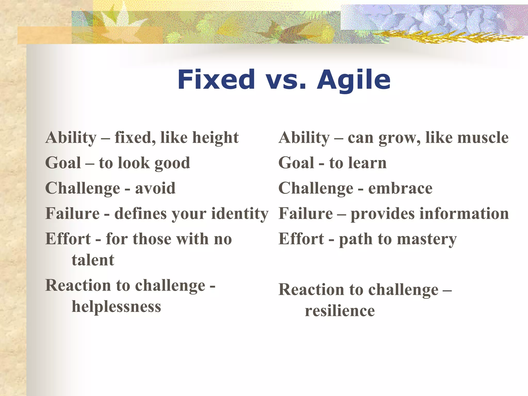 Fixed vs. Agile
Ability – fixed, like height
Goal – to look good
Challenge - avoid
Failure - defines your identity
Effort - for those with no
talent
Reaction to challenge -
helplessness
Ability – can grow, like muscle
Goal - to learn
Challenge - embrace
Failure – provides information
Effort - path to mastery
Reaction to challenge –
resilience
 