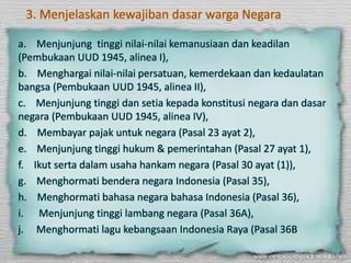 3. Menjelaskan kewajiban dasar warga Negara
a. Menjunjung tinggi nilai-nilai kemanusiaan dan keadilan
(Pembukaan UUD 1945, alinea I),
b. Menghargai nilai-nilai persatuan, kemerdekaan dan kedaulatan
bangsa (Pembukaan UUD 1945, alinea II),
c. Menjunjung tinggi dan setia kepada konstitusi negara dan dasar
negara (Pembukaan UUD 1945, alinea IV),
d. Membayar pajak untuk negara (Pasal 23 ayat 2),
e. Menjunjung tinggi hukum & pemerintahan (Pasal 27 ayat 1),
f. Ikut serta dalam usaha hankam negara (Pasal 30 ayat (1)),
g. Menghormati bendera negara Indonesia (Pasal 35),
h. Menghormati bahasa negara bahasa Indonesia (Pasal 36),
i. Menjunjung tinggi lambang negara (Pasal 36A),
j. Menghormati lagu kebangsaan Indonesia Raya (Pasal 36B
 