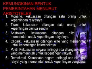 KEMUNGKINAN BENTUK
PEMERINTAHAN MENURUT
ARISTOTELES
1. Monarki, kekuasaan ditangan satu orang untuk
kepentingan rakyatnya
2. Tirani, kekuasaan ditangan satu orang untuk
kepentingan dirinya sendiri
3. Aristokrasi, kekuasaan ditangan elite yang
memerintah untuk kepentingan rakyatnya.
4. Oligarki, kekuasaan ditangan elite yang memerintah
untuk kepentingan kelompoknya
5. Politi, Kekuasaan negara tertinggi ada ditangan rakyat
yang memerintah untuk kepentingan rakyat.
6. Demokrasi, Kekuasaan negara tertinggi ada ditangan
rakyat yang memerintah untuk kepentingan penguasa
 