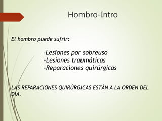 Hombro-Intro
El hombro puede sufrir:
-Lesiones por sobreuso
-Lesiones traumáticas
-Reparaciones quirúrgicas
LAS REPARACIONES QUIRÚRGICAS ESTÁN A LA ORDEN DEL
DÍA.
 