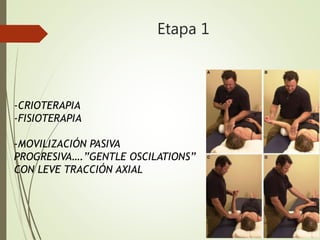 Etapa 1
-CRIOTERAPIA
-FISIOTERAPIA
-MOVILIZACIÓN PASIVA
PROGRESIVA….”GENTLE OSCILATIONS”
CON LEVE TRACCIÓN AXIAL
 