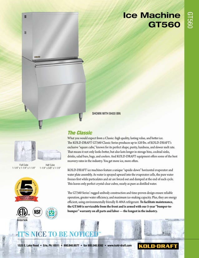 GT560 KOLDDRAFT Commercial Ice Machines PDF
