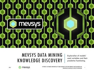 MEVSYS DATA MINING
KNOWLEDGE DISCOVERY
Exploration of models’
used variables and their
predictive functioning.
2013 1
TO PROTECT CUSTOMER CONFIDENTIALITY SOME REFERENCES HAVE BEEN OMMITED AND/OR GENERALIZED
PERCENTAGES AND RESULTS ARE KEPT UNTOUCHED
 