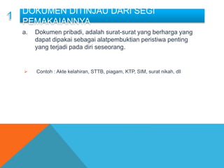 DOKUMEN DITINJAU DARI SEGI
PEMAKAIANNYA
a. Dokumen pribadi, adalah surat-surat yang berharga yang
dapat dipakai sebagai alatpembuktian peristiwa penting
yang terjadi pada diri seseorang.
 Contoh : Akte kelahiran, STTB, piagam, KTP, SIM, surat nikah, dll
 
