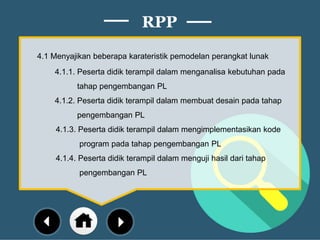 4.1 Menyajikan beberapa karateristik pemodelan perangkat lunak
4.1.1. Peserta didik terampil dalam menganalisa kebutuhan pada
tahap pengembangan PL
4.1.2. Peserta didik terampil dalam membuat desain pada tahap
pengembangan PL
4.1.3. Peserta didik terampil dalam mengimplementasikan kode
program pada tahap pengembangan PL
4.1.4. Peserta didik terampil dalam menguji hasil dari tahap
pengembangan PL
RPP
 