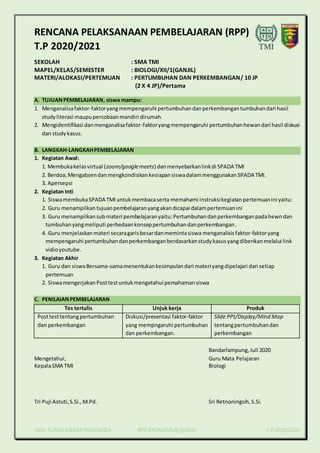 SMA TUNAS MEKAR INDONESIA RPP EKONOMI/X/GANJIL T.P 2020/2021
RENCANA PELAKSANAAN PEMBELAJARAN (RPP)
T.P 2020/2021
SEKOLAH : SMA TMI
MAPEL/KELAS/SEMESTER : BIOLOGI/XII/1(GANJIL)
MATERI/ALOKASI/PERTEMUAN : PERTUMBUHAN DAN PERKEMBANGAN/ 10 JP
(2 X 4 JP)/Pertama
A. TUJUANPEMBELAJARAN, siswa mampu:
1. Menganalisafaktor-faktoryangmempengaruhi pertumbuhandanperkembangantumbuhandari hasil
studyliterasi maupupercobaanmandiri dirumah.
2. Mengidentifikasi danmenganalisafaktor-faktoryangmempengaruhi pertumbuhanhewandari hasil diskusi
dan studykasus.
B. LANGKAH-LANGKAHPEMBELAJARAN
1. Kegiatan Awal:
1. Membukakelasvirtual (zoom/googlemeets) danmenyebarkanlinkdi SPADA TMI
2. Berdoa,Mengabsendan mengkondisikankesiapan siswadalammenggunakanSPADA TMI.
3. Apersepsi
2. Kegiatan Inti
1. SiswamembukaSPADA TMIuntukmembacaserta memahami instruksikegiatanpertemuanini yaitu:
2. Guru menampilkan tujuanpembelajaranyangakandicapai dalampertemuanini
3. Guru menampilkansub materi pembelajaranyaitu: Pertumbuhandanperkembanganpadahewndan
tumbuhanyangmeliputi perbedaankonseppertumbuhandanperkembangan.
4. Guru menjelaskanmateri secaragarisbesardanmemintasiswa menganalisis faktor-faktoryang
mempengaruhi pertumbuhandanperkembanganberdasarkanstudykasusyangdiberikanmelalui link
vidioyoutube.
3. Kegiatan Akhir
1. Guru dan siswaBersama-samamenentukankesimpulandari materi yangdipelajari dari setiap
pertemuan
2. SiswamengerjakanPosttestuntukmengetahui pemahamansiswa
C. PENILAIANPEMBELAJARAN
Tes tertulis Unjuk kerja Produk
Posttesttentangpertumbuhan
dan perkembangan
Diskusi/presentasi faktor-faktor
yang mempngaruhi pertumbuhan
dan perkembangan.
Slide PPt/Display/Mind Map
tentangpertumbuhandan
perkembangan
Bandarlampung,Juli 2020
Mengetahui, Guru Mata Pelajaran
KepalaSMA TMI Biologi
Tri Puji Astuti,S.Si.,M.Pd. Sri Retnoningsih,S.Si.
 