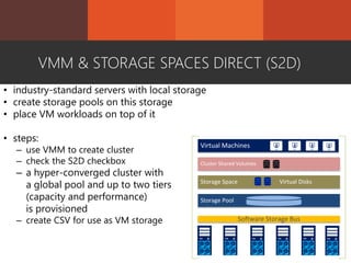 • industry-standard servers with local storage
• create storage pools on this storage
• place VM workloads on top of it
• steps:
– use VMM to create cluster
– check the S2D checkbox
– a hyper-converged cluster with
a global pool and up to two tiers
(capacity and performance)
is provisioned
– create CSV for use as VM storage
VMM & STORAGE SPACES DIRECT (S2D)
Storage Pool
Storage Space Virtual Disks
Virtual Machines
Cluster Shared Volumes
Software Storage Bus
 