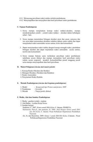 4.9.1 Merancang percobaan reaksi redoks melalui pembakaran.
4.9.2 Menyimpulkan dan menyajikan data hasil percobaan reaksi pembakaran.

C. Tujuan Pembelajaran
1. Siswa mampu menjelaskan konsep reaksi reduksi-oksidasi, mampu
mendeskripsikan contoh – contoh reaksi reduksi – oksidasi dalam kehidupan
sehari - hari.
2. Siswa mampu menentukan bilangan oksidasi atom dan unsut, senyawa dan
ion serta dapat menentukan oksidator reduktor dakam reaksi redoks dan dapat
menjelaskan reaksi autoredoks secara santun, kritis dan komunikatif.
3. Dapat menyetarakan reaksi redoks dengan konsep setengah reaksi, perubahan
bilangan oksidasi dan dapat mejelaskan reaksi autoredoks secara santun,
teoritis dan komunikatif.
4. Siswa mampu bekerja sama melakukan percobaan reaksi pembakaran
sederhana secara diskusi dan mampu menyajikan hasil percobaan reaksi
redoks secara responsif, proaktif, komunikatifdan penuh tanggung jawab
serta mampu menyimpulkan data hasil percobaan.
D. Materi Pelajaran (rincian dari materi pokok)
1. Konsep Reaksi Oksidasi dan Reduksi
2. Bilangan Oksidasi, Oksidator dan Reduktor
3. Reaksi Autoredoks
4. Penyetaraan Reaksi Redoks
E. Metode Pembelajaran (rincian dari kegiatan pembelajaran)
1. Model
2. Pendekatan
3. Metode

: Kooperatif tipe Picture and picture, NHT
: Scientific
: Tanya jawab, diskusi

F. Media, Alat dan Sumber Pembelajaran
1. Media : gambar (cetak) , rujukan
2. Alat/Bahan : Lembar Kerja Siswa
3. Sumber belajar:
Sudarmo, U. 2007. Kimia untuk SMA Kelas X. Jakarta: PHiBETA.
Hermawan, Paris,S., dan pratomo, H. 2009. Aktif Belajar Kimia untuk SMA
dan MA Kelas X. Jakarta: Pusat Perbukuan Departemen Pendidikan
Nasional.
Ari, H, dan Ruminten. 2009. Kimia 1 untuk SMA/MA Kelas X.Jakarta : Pusat
PerbukuanDepartemen Pendidikan Nasional.

 