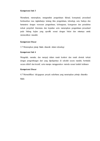 Kompetensi Inti 3 
Memahami, menerapkan, menganalisis pengetahuan faktual, konseptual, prosedural 
berdasarkan rasa ingintahunya tentang ilmu pengetahuan, teknologi, seni, budaya dan 
humaniora dengan wawasan pengetahuan, kebangsaan, kenegaraan dan peradaban 
terkait penyebab fenomena dan kejadian serta menerapkan pengetahuan prosedural 
pada bidang kajian yang spesifik sesuai dengan bakat dan minatnya untuk 
memecahkan masalah. 
Kompetensi Dasar 
3.7 Menerapkan pinsip fluida dinamik dalam teknologi 
Kompetensi Inti 4 
Mengolah, menalar, dan menyaji dalam ranah konkret dan ranah abstrak terkait 
dengan pengembangan dari yang dipelajarinya di sekolah secara mandiri, bertindak 
secara efektif dan kreatif, serta mampu menggunakan metoda sesuai kaidah keilmuan 
Kompetensi Dasar 
4.7 Memodifikasi ide/gagasan proyek sederhana yang menerapkan prinsip dinamika 
fluida 
 