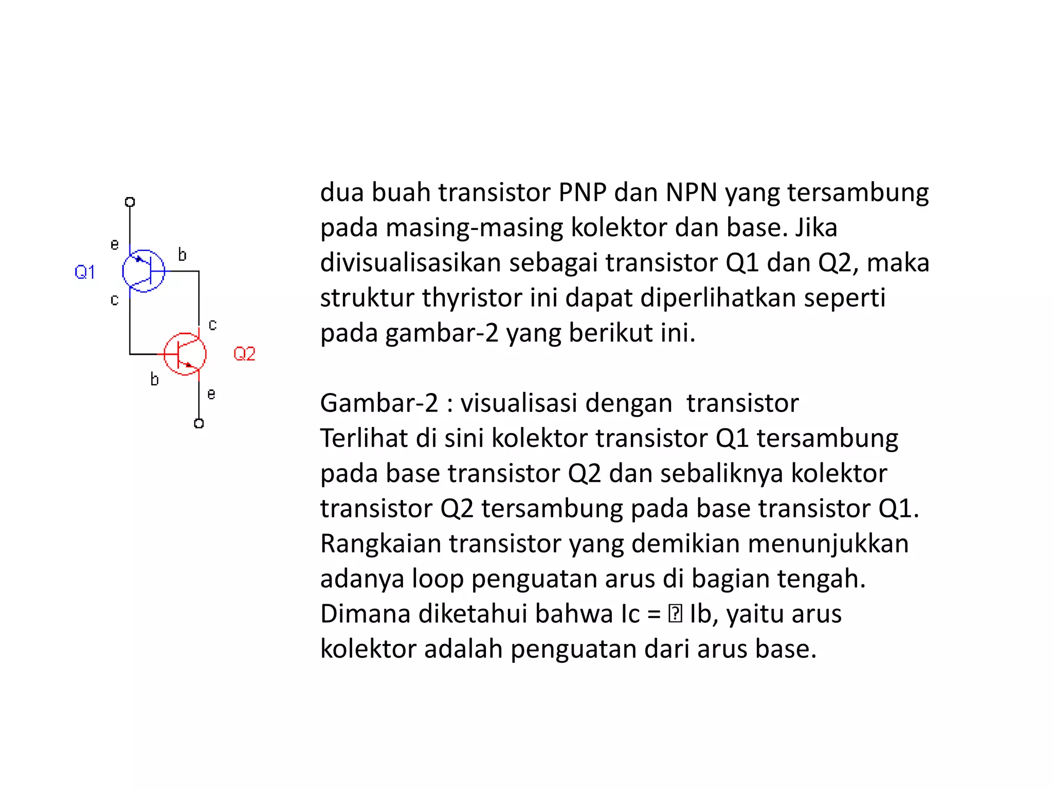 dua buah transistor PNP dan NPN yang tersambung
pada masing-masing kolektor dan base. Jika
divisualisasikan sebagai transistor Q1 dan Q2, maka
struktur thyristor ini dapat diperlihatkan seperti
pada gambar-2 yang berikut ini.
Gambar-2 : visualisasi dengan transistor
Terlihat di sini kolektor transistor Q1 tersambung
pada base transistor Q2 dan sebaliknya kolektor
transistor Q2 tersambung pada base transistor Q1.
Rangkaian transistor yang demikian menunjukkan
adanya loop penguatan arus di bagian tengah.
Dimana diketahui bahwa Ic = Ib, yaitu arus
kolektor adalah penguatan dari arus base.
 