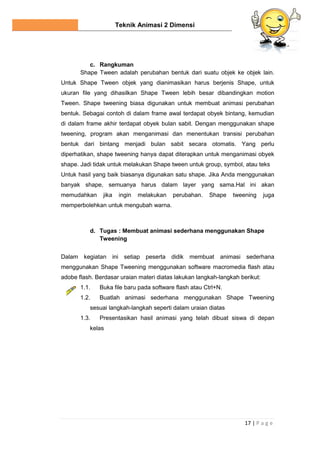 Teknik Animasi 2 Dimensi
17 | P a g e
c. Rangkuman
Shape Tween adalah perubahan bentuk dari suatu objek ke objek lain.
Untuk Shape Tween objek yang dianimasikan harus berjenis Shape, untuk
ukuran file yang dihasilkan Shape Tween lebih besar dibandingkan motion
Tween. Shape tweening biasa digunakan untuk membuat animasi perubahan
bentuk. Sebagai contoh di dalam frame awal terdapat obyek bintang, kemudian
di dalam frame akhir terdapat obyek bulan sabit. Dengan menggunakan shape
tweening, program akan menganimasi dan menentukan transisi perubahan
bentuk dari bintang menjadi bulan sabit secara otomatis. Yang perlu
diperhatikan, shape tweening hanya dapat diterapkan untuk menganimasi obyek
shape. Jadi tidak untuk melakukan Shape tween untuk group, symbol, atau teks
Untuk hasil yang baik biasanya digunakan satu shape. Jika Anda menggunakan
banyak shape, semuanya harus dalam layer yang sama.Hal ini akan
memudahkan jika ingin melakukan perubahan. Shape tweening juga
memperbolehkan untuk mengubah warna.
d. Tugas : Membuat animasi sederhana menggunakan Shape
Tweening
Dalam kegiatan ini setiap peserta didik membuat animasi sederhana
menggunakan Shape Tweening menggunakan software macromedia flash atau
adobe flash. Berdasar uraian materi diatas lakukan langkah-langkah berikut:
1.1. Buka file baru pada software flash atau Ctrl+N.
1.2. Buatlah animasi sederhana menggunakan Shape Tweening
sesuai langkah-langkah seperti dalam uraian diatas
1.3. Presentasikan hasil animasi yang telah dibuat siswa di depan
kelas
 