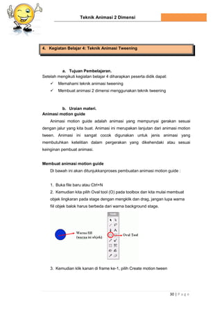 Teknik Animasi 2 Dimensi
30 | P a g e
4. Kegiatan Belajar 4: Teknik Animasi Tweening
a. Tujuan Pembelajaran.
Setelah mengikuti kegiatan belajar 4 diharapkan peserta didik dapat:
 Memahami teknik animasi tweening
 Membuat animasi 2 dimensi menggunakan teknik tweening
b. Uraian materi.
Animasi motion guide
Animasi motion guide adalah animasi yang mempunyai gerakan sesuai
dengan jalur yang kita buat. Animasi ini merupakan lanjutan dari animasi motion
tween. Animasi ini sangat cocok digunakan untuk jenis animasi yang
membutuhkan ketelitian dalam pergerakan yang dikehendaki atau sesuai
keinginan pembuat animasi.
Membuat animasi motion guide
Di bawah ini akan ditunjukkanproses pembuatan animasi motion guide :
1. Buka file baru atau Ctrl+N
2. Kemudian kita pilih Oval tool (O) pada toolbox dan kita mulai membuat
objek lingkaran pada stage dengan mengklik dan drag, jangan lupa warna
fiil objek balok harus berbeda dari warna background stage.
3. Kemudian klik kanan di frame ke-1, pilih Create motion tween
 