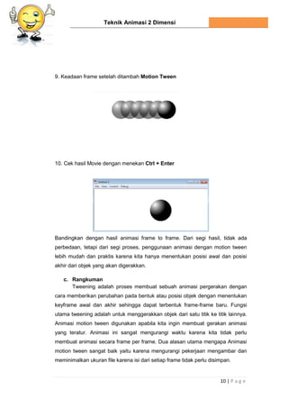 Teknik Animasi 2 Dimensi
10 | P a g e
9. Keadaan frame setelah ditambah Motion Tween
10. Cek hasil Movie dengan menekan Ctrl + Enter
Bandingkan dengan hasil animasi frame to frame. Dari segi hasil, tidak ada
perbedaan, tetapi dari segi proses, penggunaan animasi dengan motion tween
lebih mudah dan praktis karena kita hanya menentukan posisi awal dan posisi
akhir dari objek yang akan digerakkan.
c. Rangkuman
Tweening adalah proses membuat sebuah animasi pergerakan dengan
cara memberikan perubahan pada bentuk atau posisi objek dengan menentukan
keyframe awal dan akhir sehingga dapat terbentuk frame-frame baru. Fungsi
utama tweening adalah untuk menggerakkan objek dari satu titik ke titik lainnya.
Animasi motion tween digunakan apabila kita ingin membuat gerakan animasi
yang teratur. Animasi ini sangat mengurangi waktu karena kita tidak perlu
membuat animasi secara frame per frame. Dua alasan utama mengapa Animasi
motion tween sangat baik yaitu karena mengurangi pekerjaan mengambar dan
meminimalkan ukuran file karena isi dari setiap frame tidak perlu disimpan.
 