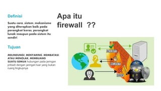 Suatu cara, sistem, mekanisme
yang diterapkan baik pada
perangkat keras, perangkat
lunak maupun pada sistem itu
sendiri
Definisi Apa itu
firewall ??
MELINDUNGI, MENYARING, MEMBATASI,
ATAU MENOLAK, MEMBUANG
SUATU/SEMUA hubungan pada jaringan
pribadi dengan jaringan luar yang bukan
ruang lingkupnya
Tujuan
 
