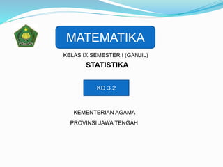MATEMATIKA
KELAS IX SEMESTER I (GANJIL)
STATISTIKA
KEMENTERIAN AGAMA
PROVINSI JAWA TENGAH
KD 3.2
 