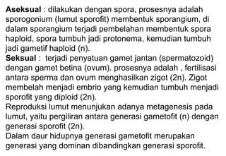 Aseksual : dilakukan dengan spora, prosesnya adalah
sporogonium (lumut sporofit) membentuk sporangium, di
dalam sporangium terjadi pembelahan membentuk spora
haploid, spora tumbuh jadi protonema, kemudian tumbuh
jadi gametif haploid (n).
Seksual : terjadi penyatuan gamet jantan (spermatozoid)
dengan gamet betina (ovum). prosesnya adalah , fertilisasi
antara sperma dan ovum menghasilkan zigot (2n). Zigot
membelah menjadi embrio yang kemudian tumbuh menjadi
sporofit yang diploid (2n).
Reproduksi lumut menunjukan adanya metagenesis pada
lumut, yaitu pergiliran antara generasi gametofit (n) dengan
generasi sporofit (2n).
Dalam daur hidupnya generasi gametofit merupakan
generasi yang dominan dibandingkan generasi sporofit.
 