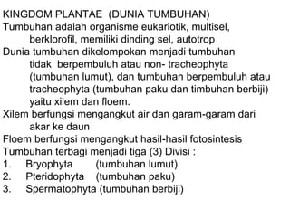 KINGDOM PLANTAE (DUNIA TUMBUHAN)
Tumbuhan adalah organisme eukariotik, multisel,
berklorofil, memiliki dinding sel, autotrop
Dunia tumbuhan dikelompokan menjadi tumbuhan
tidak berpembuluh atau non- tracheophyta
(tumbuhan lumut), dan tumbuhan berpembuluh atau
tracheophyta (tumbuhan paku dan timbuhan berbiji)
yaitu xilem dan floem.
Xilem berfungsi mengangkut air dan garam-garam dari
akar ke daun
Floem berfungsi mengangkut hasil-hasil fotosintesis
Tumbuhan terbagi menjadi tiga (3) Divisi :
1. Bryophyta (tumbuhan lumut)
2. Pteridophyta (tumbuhan paku)
3. Spermatophyta (tumbuhan berbiji)
 