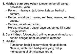 3. Habitus atau perawakan tumbuhan berbiji sangat
bervariasi, yaitu :
- Pohon, misalnya : jati, duku, kelapa, beringin,
cemara.
- Perdu, misalnya : mawar, kembang merak, kembang
sepatu.
- Semak , misalnya : arbei.
- Herba, misalnya : sayur-sayuran, bunga lili, serta
bunga krokot.
4. Cara hidup : fotoautotrof, artinya mengolah makanan
sendiri dengan bantuan cahaya matahari
5. Habitat :
Tumbuhan berbiji kebanyakan hidup di darat.
Namun, tumbuhan berbiji ada yang hidup
mengapung di air,misalnya teratai.
 