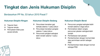 Tingkat dan Jenis Hukuman Disiplin
Hukuman Disiplin Ringan
 Teguran lisan
 Teguran tertuls
 Pernyataan tidak puas
secara tertulis
Hukuman Disiplin Berat
 Penurunan pangkat setingkat lebih
rendah selama 3 (tiga) tahun
 Pemindahan dalam rangka
penurunan jabatan setingkat lebih
rendah
 Pembebasan dari jabatan
 Pemberhentian dengan hormat tidak
atas permintaan sendiri sebagai
PNS
 Pemberhentian tidak dengan hormat
sebagai PNS
Hukuman Disiplin Sedang
 Penundaan kenaikan gaji
berkala selama 1 (satu) tahun
 Penundaan kenaikan pangkat
selama 1 (satu) tahun
 Penurunan pangkat setingkat
lebih rendah selama 1 (satu)
tahun
Berdasarkan PP No. 53 tahun 2010 Pasal 7
 