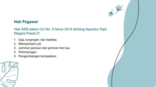 Hak Pegawai
Hak ASN dalam UU No. 5 tahun 2014 tentang Aparatur Sipil
Negara Pasal 21
1. Gaji, tunjangan, dan fasilitas
2. Memperoleh cuti
3. Jaminan pensiun dan jaminan hari tua
4. Perlindungan
5. Pengembangan kompetensi
 