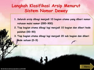 Langkah Klasifikasi Arsip Menurut
Sistem Nomor Dewey
1. Seluruh arsip dibagi menjadi 10 bagian utama yang diberi nomor
ratusan mulai nomor (000-900)
2. Tiap bagian utama dibagi lagi menjadi 10 bagian dan diberi kode
puluhan (00-90)
3. Tiap bagian utama dibagi lagi menjadi 20 sub bagian dan diberi
kode satuan (0-9)
Menu
 