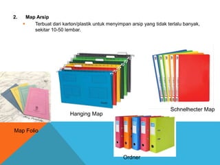 2. Map Arsip
 Terbuat dari karton/plastik untuk menyimpan arsip yang tidak terlalu banyak,
sekitar 10-50 lembar.
Map Folio
Hanging Map
Ordner
Schnelhecter Map
 