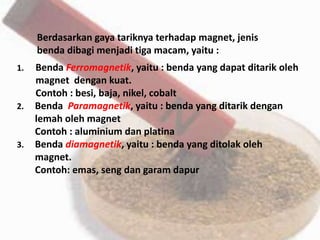 1. Benda Ferromagnetik, yaitu : benda yang dapat ditarik oleh
magnet dengan kuat.
Contoh : besi, baja, nikel, cobalt
2. Benda Paramagnetik, yaitu : benda yang ditarik dengan
lemah oleh magnet
Contoh : aluminium dan platina
3. Benda diamagnetik, yaitu : benda yang ditolak oleh
magnet.
Contoh: emas, seng dan garam dapur
Berdasarkan gaya tariknya terhadap magnet, jenis
benda dibagi menjadi tiga macam, yaitu :
 