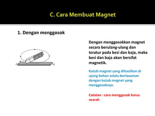 1. Dengan menggosok
Dengan menggosokkan magnet
secara berulang-ulang dan
teratur pada besi dan baja, maka
besi dan baja akan bersifat
magnetik.
Kutub magnet yang dihasilkan di
ujung bahan selalu berlawanan
dengan kutub magnet yang
menggosoknya.
Catatan : cara menggosok harus
searah
 