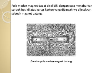 Pola medan magnet dapat diselidiki dengan cara menaburkan
serbuk besi di atas kertas karton yang dibawahnya diletakkan
sebuah magnet batang.
Gambar pola medan magnet batang
 