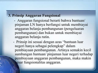 3. Prinsip Anggaran Fungsional
- Anggaran fungsional berarti bahwa bantuan/
pinjaman LN hanya berfungsi untuk membiayai
anggaran belanja pembangunan (pengeluaran
pembangunan) dan bukan untuk membiayai
anggaran belanja rutin.
- Prinsip ini sesuai dengan azas “bantuan luar
negeri hanya sebagai pelengkap” dalam
pembiayaan pembangunan. Artinya semakin kecil
sumbangan bantuan/ pinjaman luar negeri terhadap
pembiayaan anggaran pembangunan, maka makin
besar fungsionalitas anggaran.
 