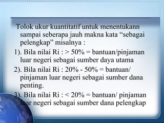 Tolok ukur kuantitatif untuk menentukann
sampai seberapa jauh makna kata “sebagai
pelengkap” misalnya :
1). Bila nilai Ri : > 50% = bantuan/pinjaman
luar negeri sebagai sumber daya utama
2). Bila nilai Ri : 20% - 50% = bantuan/
pinjaman luar negeri sebagai sumber dana
penting.
3). Bila nilai Ri : < 20% = bantuan/ pinjaman
luar negeri sebagai sumber dana pelengkap
 