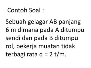 Sebuah gelagar AB panjang
6 m dimana pada A ditumpu
sendi dan pada B ditumpu
rol, bekerja muatan tidak
terbagi rata q = 2 t/m.
Contoh Soal :
 