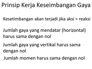 Prinsip Kerja Keseimbangan Gaya
Aksi = ReaksiKesetimbangan akan terjadi jika aksi = reaksi
H = 0
V = 0
M = 0
Jumlah gaya yang mendatar (horizontal)
harus sama dengan nol
Jumlah gaya yang vertikal harus sama
dengan nol
Jumlah momen harus sama dengan nol
 