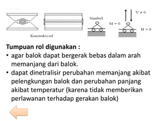 Tumpuan rol digunakan :
• agar balok dapat bergerak bebas dalam arah
memanjang dari balok.
• dapat dinetralisir perubahan memanjang akibat
pelengkungan balok dan perubahan panjang
akibat temperatur (karena tidak memberikan
perlawanan terhadap gerakan balok)
 