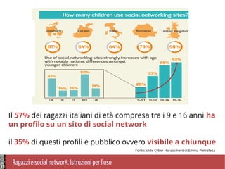 Ragazzi e social networK. Istruzioni per l'uso
Il 57% dei ragazzi italiani di età compresa tra i 9 e 16 anni ha
un profilo su un sito di social network
il 35% di questi profili è pubblico ovvero visibile a chiunque
Fonte: slide Cyber Harassment di Emma Pietrafesa
 