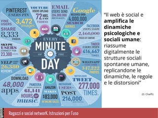 Ragazzi e social networK. Istruzioni per l'uso
“Il web è social e
amplifica le
dinamiche
psicologiche e
sociali umane:
riassume
digitalmente le
strutture sociali
spontanee umane,
replicandone le
dinamiche, le regole
e le distorsioni”
(D. Chieffi)
 