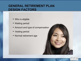 GENERAL RETIREMENT PLAN    DESIGN FACTORS Who is eligible Waiting period Amount and type of compensation Vesting period Normal retirement age 