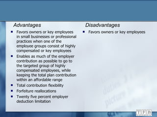 Favors owners or key employees Advantages Disadvantages Favors owners or key employees in small businesses or professional practices when one of the employee groups consist of highly compensated or key employees Enables as much of the employer contribution as possible to go to the targeted group of highly compensated employees, while keeping the total plan contribution within an affordable range Total contribution flexibility Forfeiture reallocations Twenty five percent employer deduction limitation 