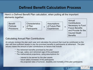 Defined Benefit Calculation Process Here’s a Defined Benefit Plan calculation, when putting all the important elements together: Benefit Formula  Provisions Characteristics of Plan Participants + + Assumptions  of Future Plan Experiences = Annual Contributions Necessary to Fund Future Benefits and Provide for the Insured Death Benefits Calculating Annual Plan Contributions An actuary reviews the plan each year and calculates the amount that must be contributed so the plan will have sufficient assets to pay the promised benefits to participants at retirement.  The plan actuary bases the amount of plan contributions on factors that include: *  The retirement benefits promised by the plan *  The age, salary and retirement age of the participant *  The mathematical projections, using assumptions for:   -  interest to be earned by the plan assets   -  future salary increases of the participants   -  the projected rates of turnover, disability and mortality of the plan participants 