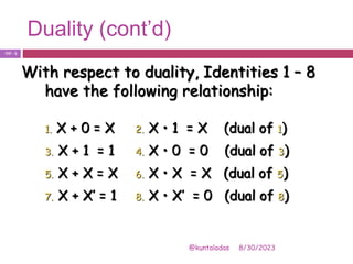 Duality (cont’d)
8/30/2023
@kuntaladas
With respect to duality, Identities 1 – 8
have the following relationship:
1. X + 0 = X 2. X • 1 = X (dual of 1)
3. X + 1 = 1 4. X • 0 = 0 (dual of 3)
5. X + X = X 6. X • X = X (dual of 5)
7. X + X’ = 1 8. X • X’ = 0 (dual of 8)
PJF - 5
 