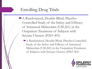 Enrolling Drug Trials
A Randomized, Double-Blind, Placebo-
Controlled Study of the Safety and Efficacy
of Intranasal Midazolam (USL261) in the
Outpatient Treatment of Subjects with
Seizure Clusters (P261-401)
A Randomized, Double-Blind, Placebo-Controlled
Study of the Safety and Efficacy of Intranasal
Midazolam (USL261) in the Outpatient Treatment
of Subjects with Seizure Clusters (P261-401)
 