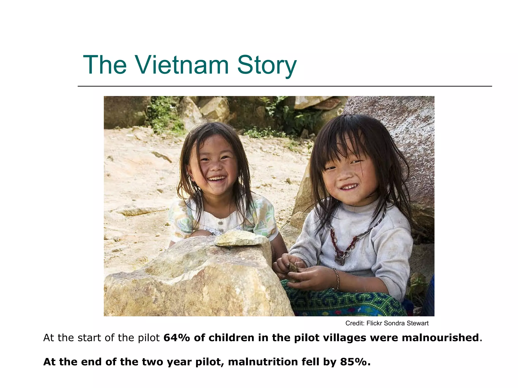 The Vietnam Story At the start of the pilot  64% of children in the pilot villages were malnourished .  At the end of the two year pilot, malnutrition fell by 85%. Credit: Flickr Sondra Stewart 