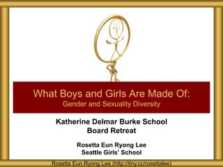 Katherine Delmar Burke School
Board Retreat
Rosetta Eun Ryong Lee
Seattle Girls’ School
What Boys and Girls Are Made Of:
Gender and Sexuality Diversity
Rosetta Eun Ryong Lee (http://tiny.cc/rosettalee)
 