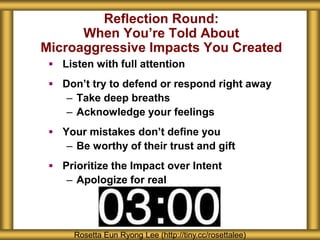 Reflection Round:
When You’re Told About
Microaggressive Impacts You Created
 Listen with full attention
 Don’t try to defend or respond right away
– Take deep breaths
– Acknowledge your feelings
 Your mistakes don’t define you
– Be worthy of their trust and gift
 Prioritize the Impact over Intent
– Apologize for real
Rosetta Eun Ryong Lee (http://tiny.cc/rosettalee)
 