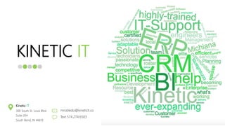 KINETIC IT
mrobledo@kineticit.co
Text 574.274.6503
Kinetic IT
300 South St. Louis Blvd.
Suite 204
South Bend, IN 46619
 