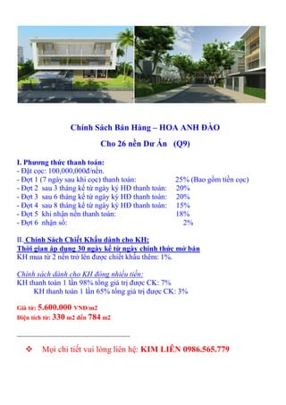 Chính Sách Bán Hàng – HOA ANH ĐÀO
                                                Cho 26 nền Dư Án (Q9)

I. Phương thức thanh toán:
- Đặt cọc: 100,000,000đ/nền.
- Đợt 1 (7 ngày sau khi cọc) thanh toán:                             25% (Bao gồm tiền cọc)
- Đợt 2 sau 3 tháng kể từ ngày ký HĐ thanh toán:                     20%
- Đợt 3 sau 6 tháng kể từ ngày ký HĐ thanh toán:                     20%
- Đợt 4 sau 8 tháng kể từ ngày ký HĐ thanh toán:                     15%
- Đợt 5 khi nhận nền thanh toán:                                     18%
- Đợt 6 nhận sổ:                                                       2%

II. Chính Sách Chiết Khấu dành cho KH:
Thời gian áp dụng 30 ngày kể từ ngày chính thức mở bán
KH mua từ 2 nền trở lên được chiết khấu thêm: 1%.

Chính sách dành cho KH đóng nhiều tiền:
KH thanh toán 1 lần 98% tổng giá trị được CK: 7%
     KH thanh toán 1 lần 65% tổng giá trị được CK: 3%

Giá từ: 5.600.000 VNĐ/m2
Diện tích từ: 330 m2 đến 784 m2

------------------------------------------------------------------

             Mọi chi tiết vui lòng liên hệ: KIM LIÊN 0986.565.779
 