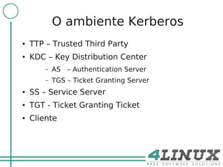5

                O ambiente Kerberos
    ●   TTP – Trusted Third Party
    ●   KDC – Key Distribution Center
            –   AS – Authentication Server
            –   TGS – Ticket Granting Server
    ●   SS – Service Server
    ●   TGT - Ticket Granting Ticket
    ●   Cliente
 