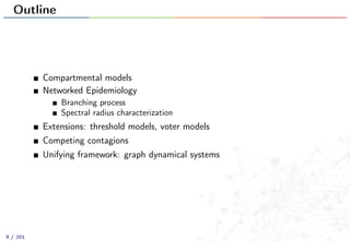 Outline
Compartmental models
Networked Epidemiology
Branching process
Spectral radius characterization
Extensions: threshold models, voter models
Competing contagions
Unifying framework: graph dynamical systems
9 / 201
 